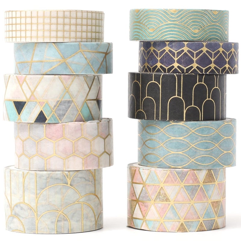 YUBX Creative Washi Tape Set 10 Rolls Gold Foil Print Decorative Masking Tapes for Arts, DIY Crafts, Journals, Planners, Scrapbook, Wrapping (Geometric Order) - Image 1